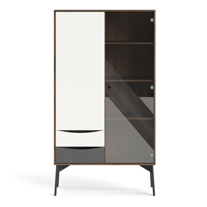 Modern Fur China Cabinet 1 Solid Door, 1 Glass Door, 2 Drawers front image white grey walnut 