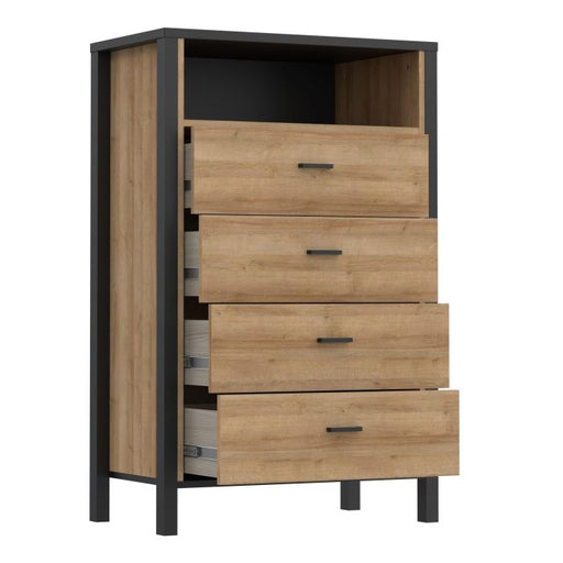 The Riviera Oak 4-Drawer Chest by High Rock/Matt Black: Stylish Storage Option-all draws open left image