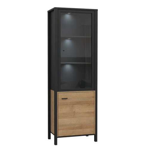 Riviera Oak High Wide Display Cabinet In Matt Black front with lighting image 