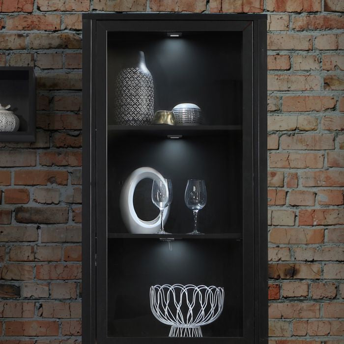 Riviera Oak High Wide Display Cabinet In Matt Black close up with lighting image 