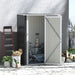 Grey Metal Garden Storage Shed with Sloped Roof and Lockable Door for Tools and Bikes inside image 
