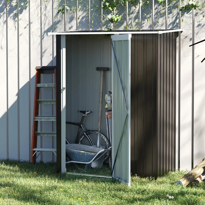 Grey Metal Garden Storage Shed with Sloped Roof and Lockable Door for Tools and Bikes garden image 