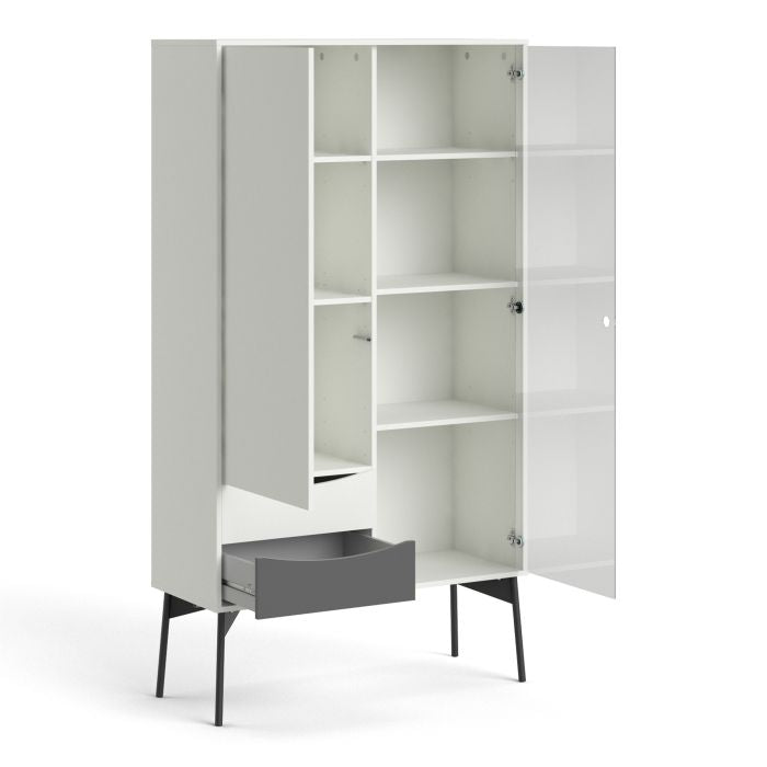 Modern Fur China Cabinet 1 Solid Door, 1 Glass Door, 2 Drawers open door image grey white 