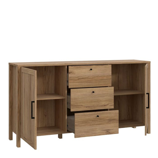 Multi Brun Sideboard Cupboard: 3-Drawer 2-Door Storage in Waterford Oak-all drawers open left image