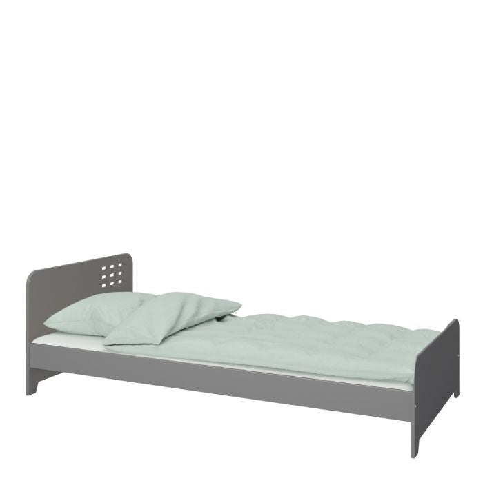 Elevate your bedroom with the Loke Bed in Folkestone Grey, sized at 90x200cm. Crafted with meticulous attention to detail, this bed combines contemporary style with premium comfort. Its sleek design in Folkestone Grey effortlessly blends with any decor scheme, while the 90x200cm dimensions provide ample space for restful nights. Transform your bedroom into a haven of relaxation with the Loke Bed. front side angle image