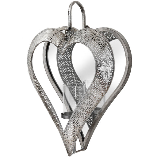 Antique Silver Heart Mirrored Tealight Holder in Large - MILES AND BRIGGS