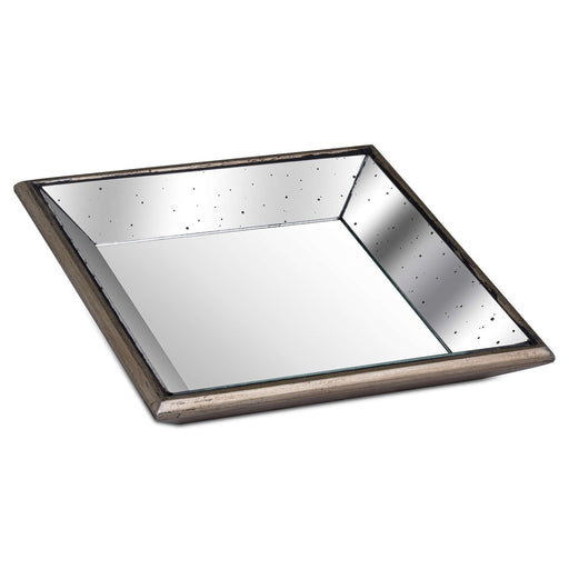 Astor Distressed Mirrored Square Tray W/Wooden Detailing Sml - MILES AND BRIGGS