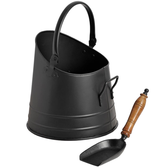 Black Coal Bucket with Teak Handle Shovel - MILES AND BRIGGS