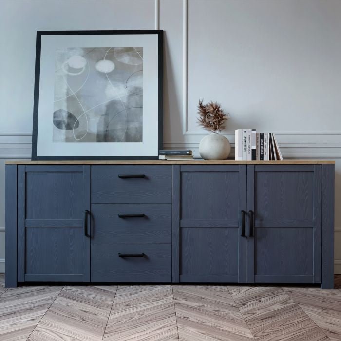 Bohol Large Storage Sideboard with 3 Doors and 3 Drawers - Riviera Oak/Navy Finish - MILES AND BRIGGS