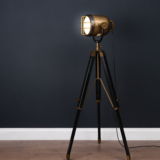 Brass And Black Industrial Spotlight Tripod Lamp - MILES AND BRIGGS