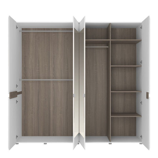 Chelsea Bedroom 4 Door wardrobe with mirrors in white with an Truffle Oak Trim - MILES AND BRIGGS