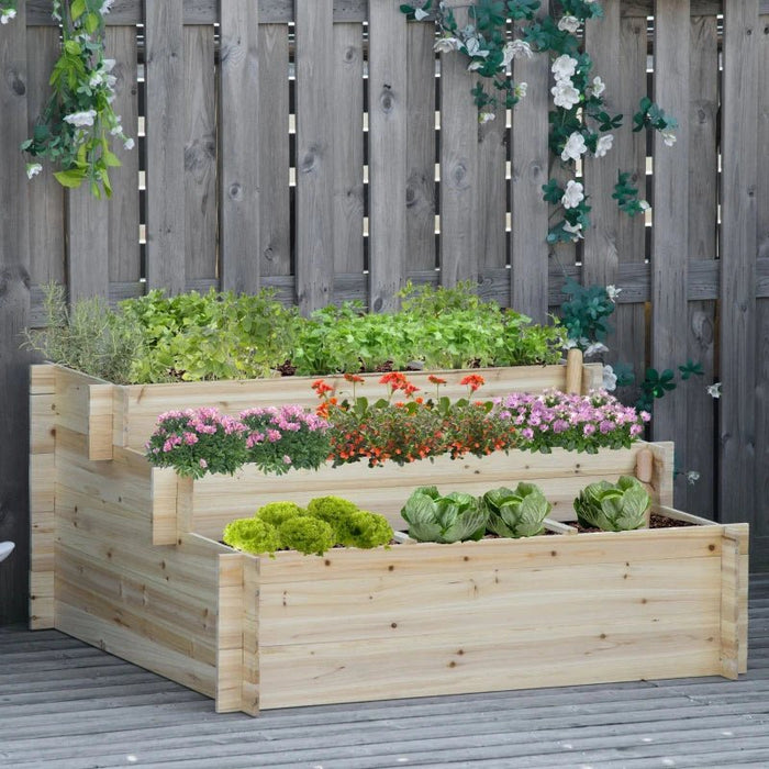 Elevated Fir Wood Garden Bed: 3 Tiers, 376L, 9 Grow Grids